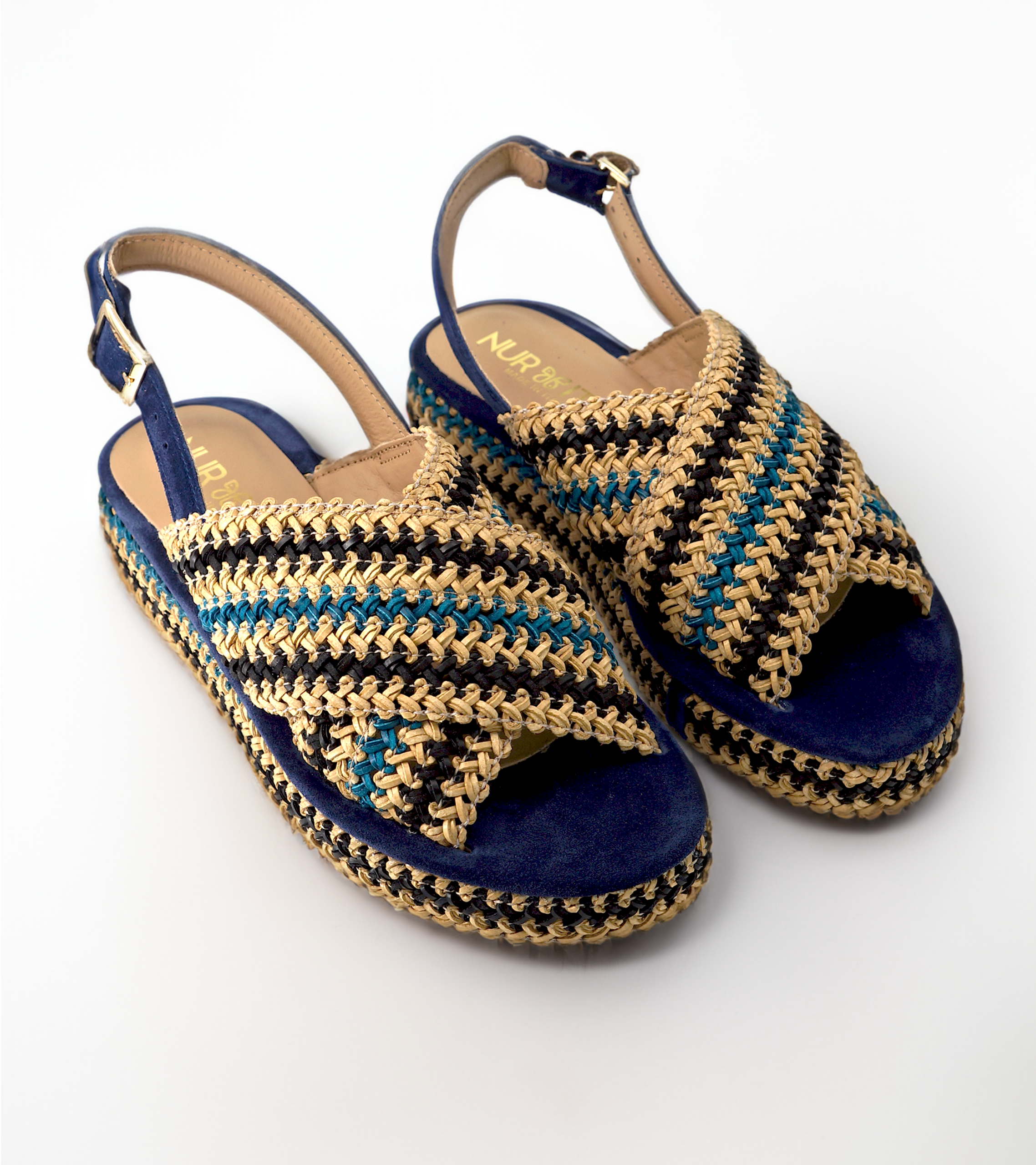 NUR ITALY Raffia flatform, colors, NAVY, NATURAL, CYAN