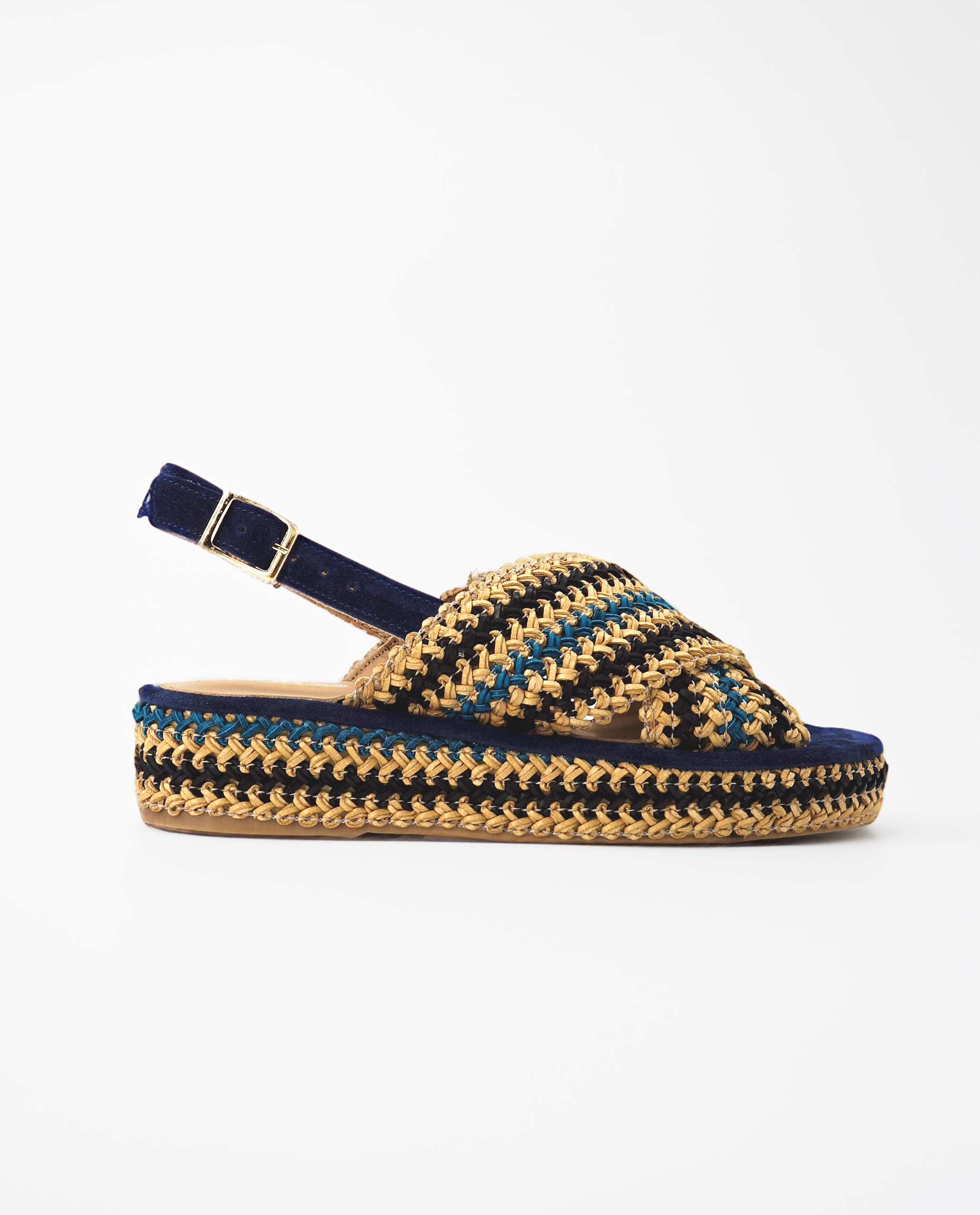 NUR ITALY Raffia flatform, colors, NAVY, NATURAL, CYAN