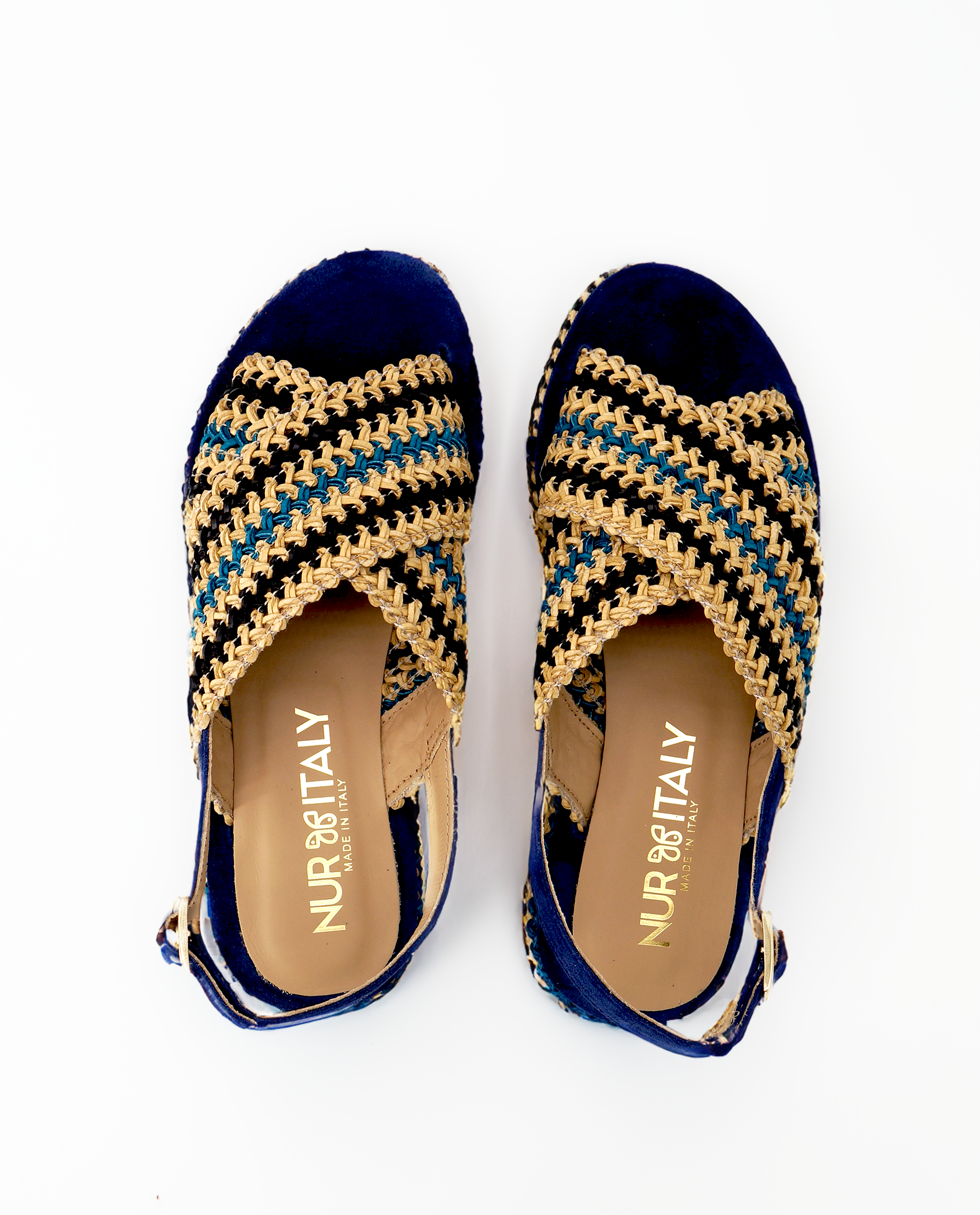 NUR ITALY Raffia flatform, colors, NAVY, NATURAL, CYAN