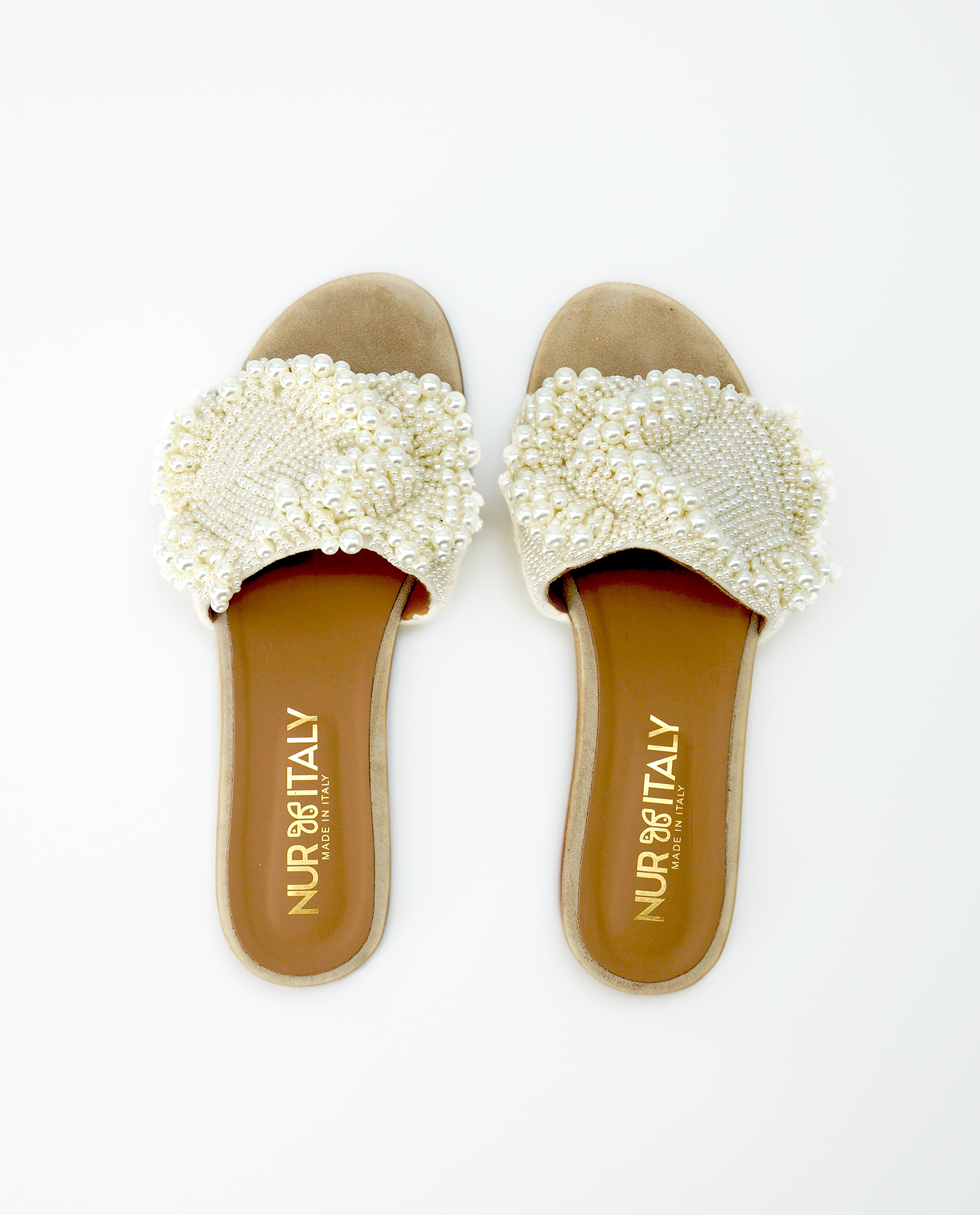 NUR ITALY Bianca White Pearl Flat Sandals, color, white and tan
