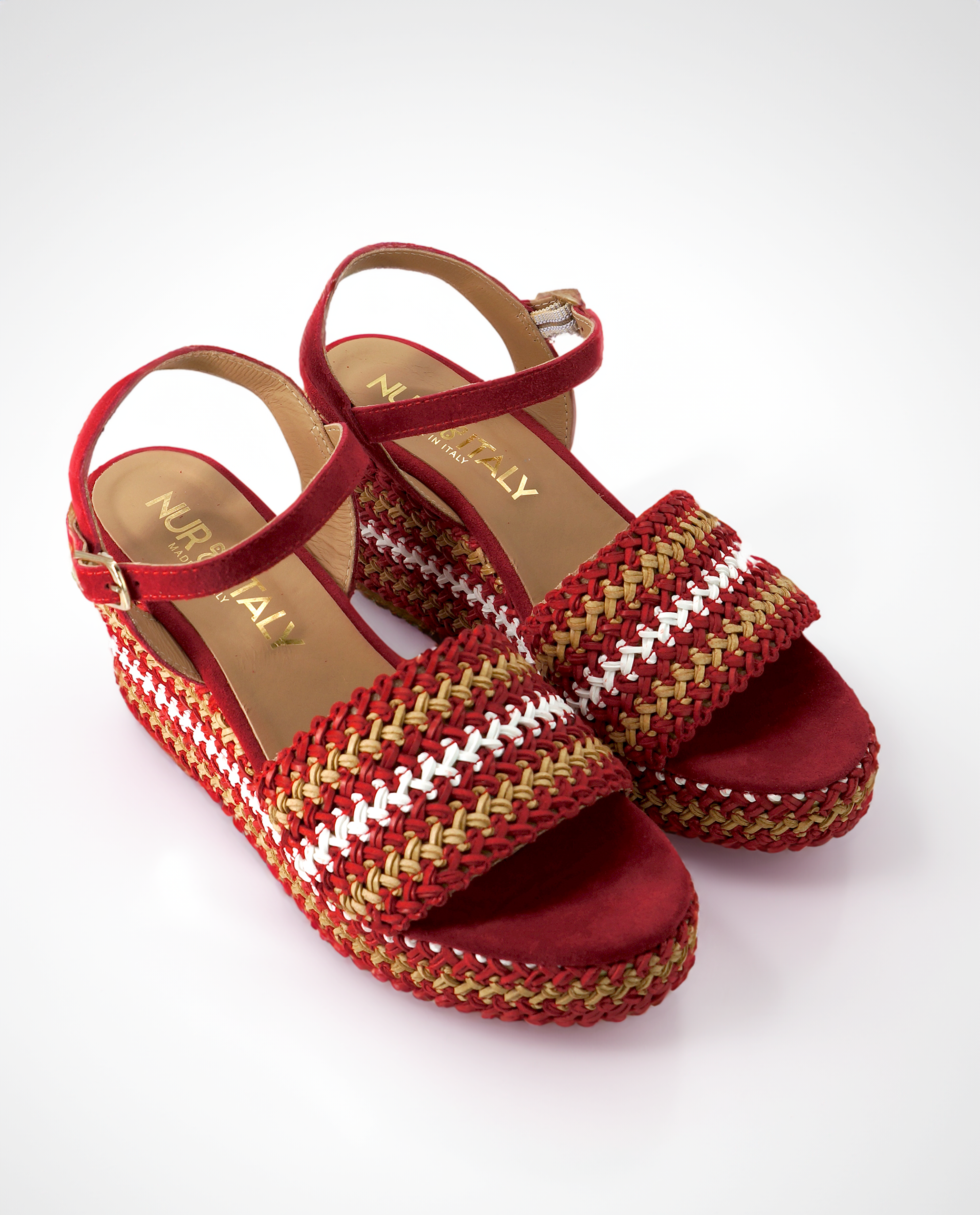 NUR ITALY Chiara Raffia Wedge Sandal, Main, color, RED