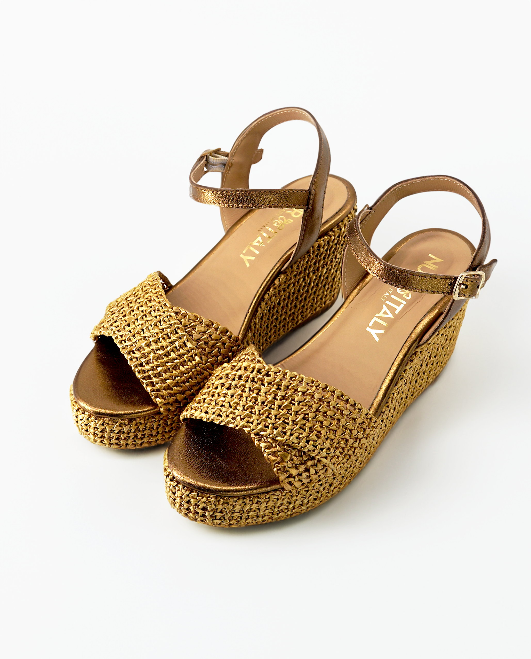 NUR ITALY Francesca Raffia Wedge Sandal, color, bronze