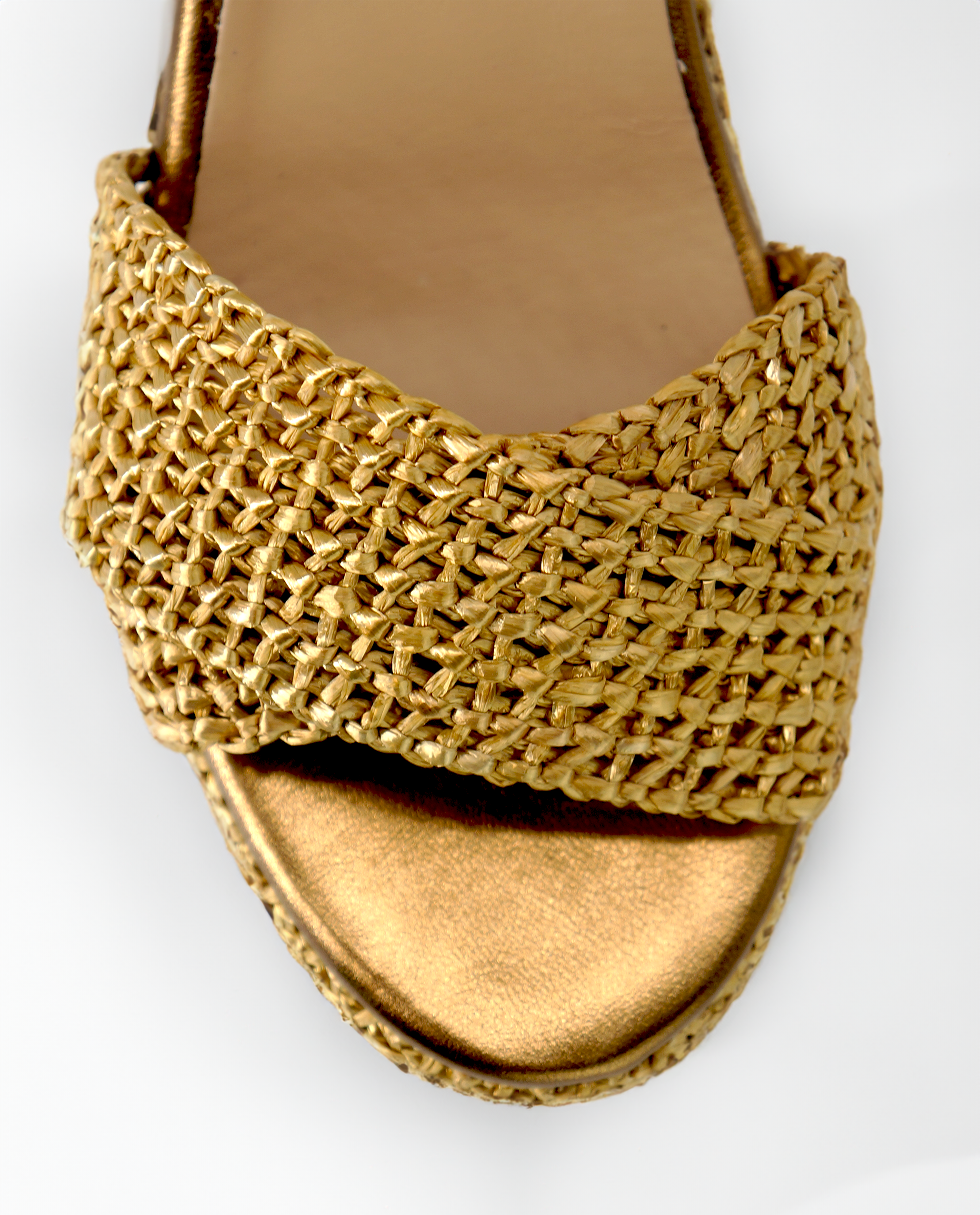 Zoom detail of Francesca Raffia Wedge Sandal's upper, color, bronze