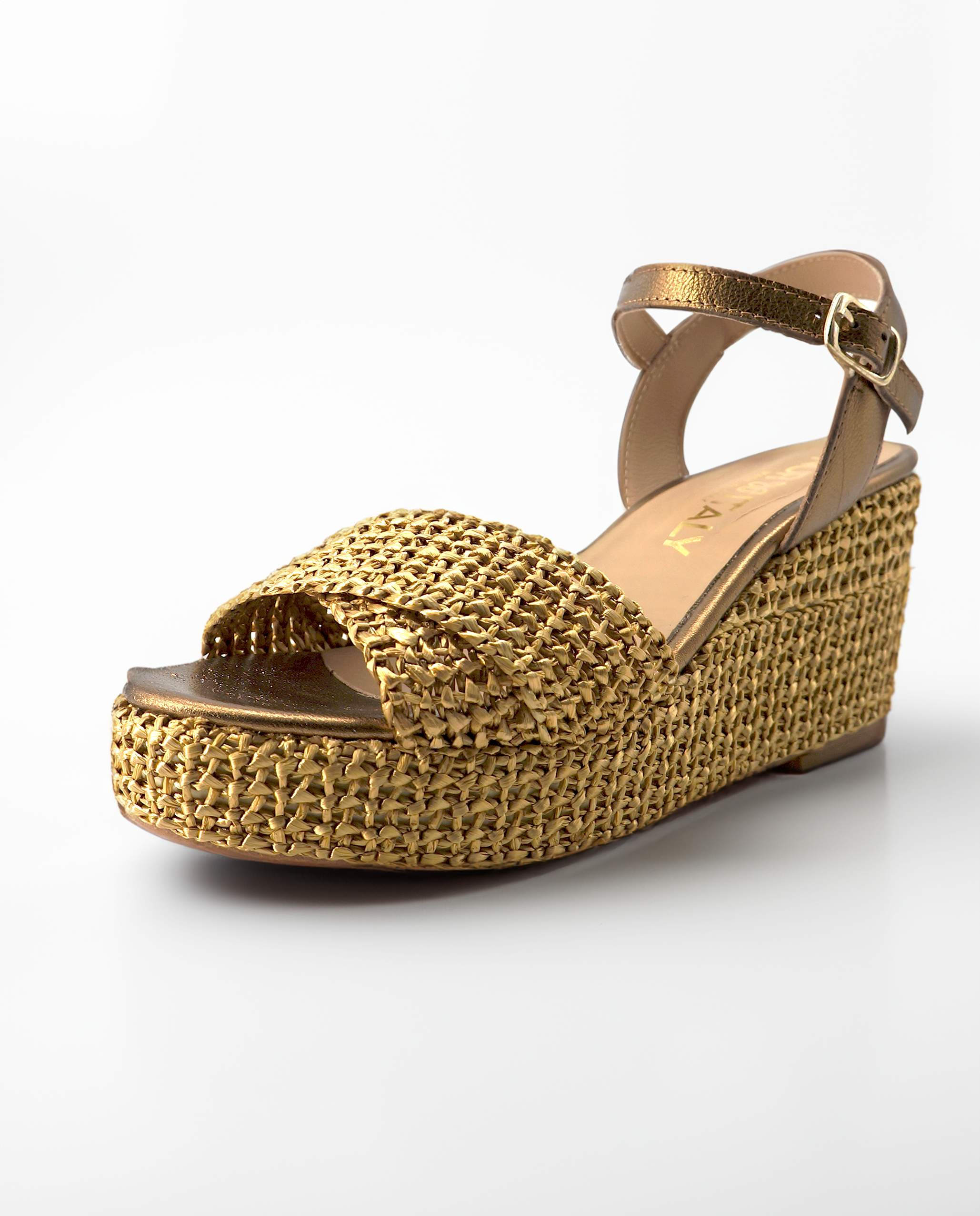 NUR ITALY Francesca Raffia Wedge Sandal, color, bronze