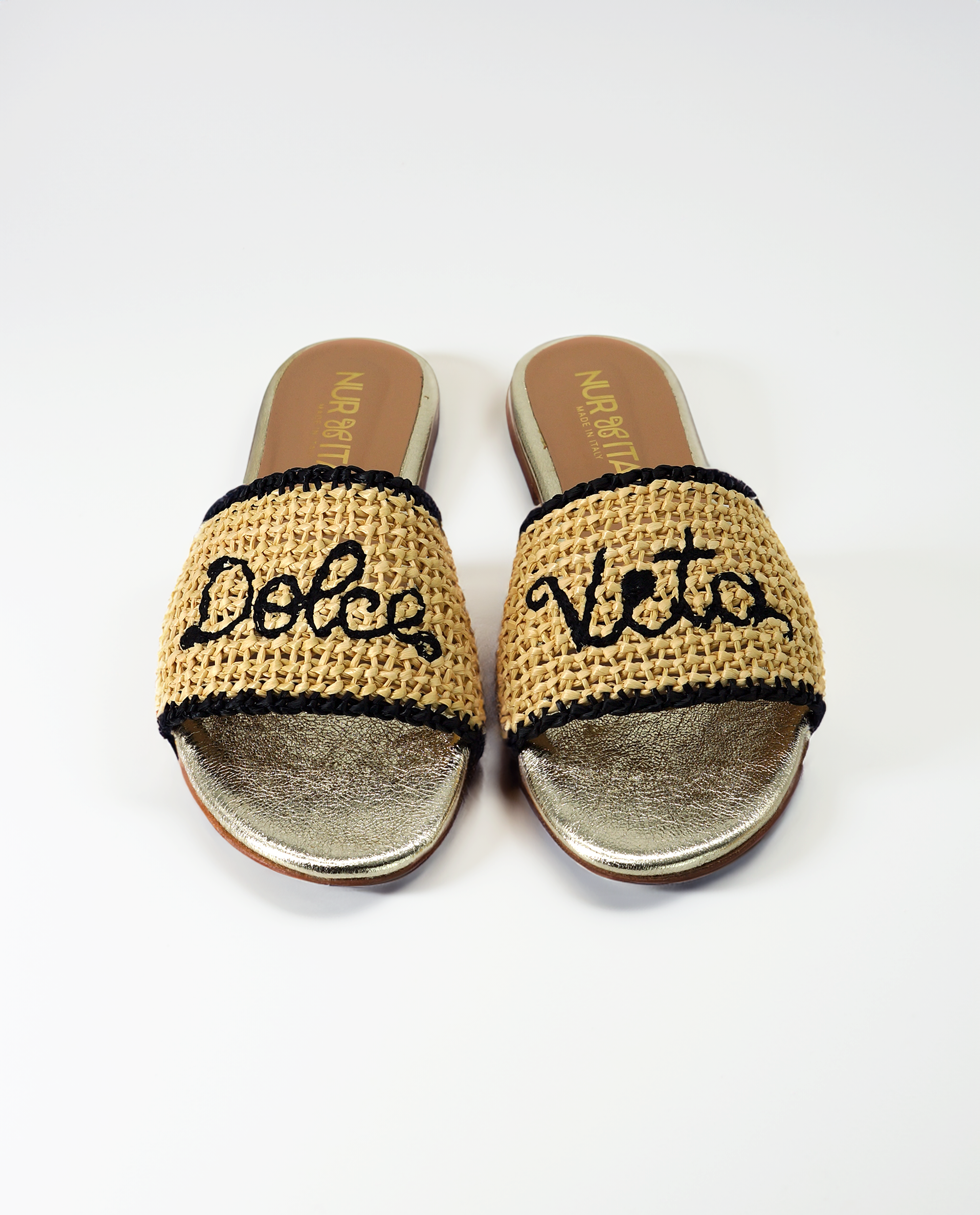 NUR ITALY Martina Raffia Flat Sandal, color, GOLD, BLACK #color_venezia gold
