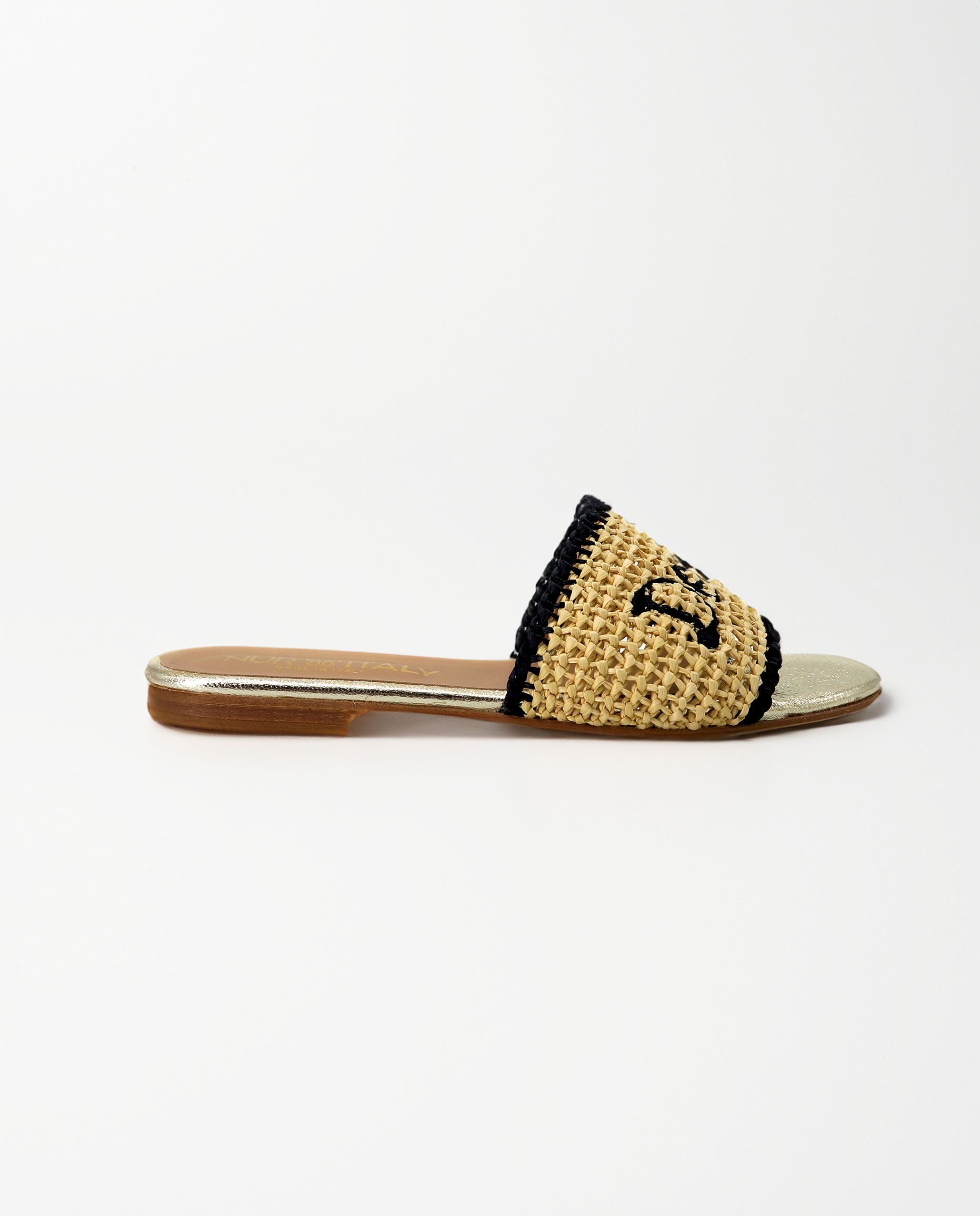 NUR ITALY Martina Raffia Flat Sandal, color, GOLD, BLACK #color_venezia gold