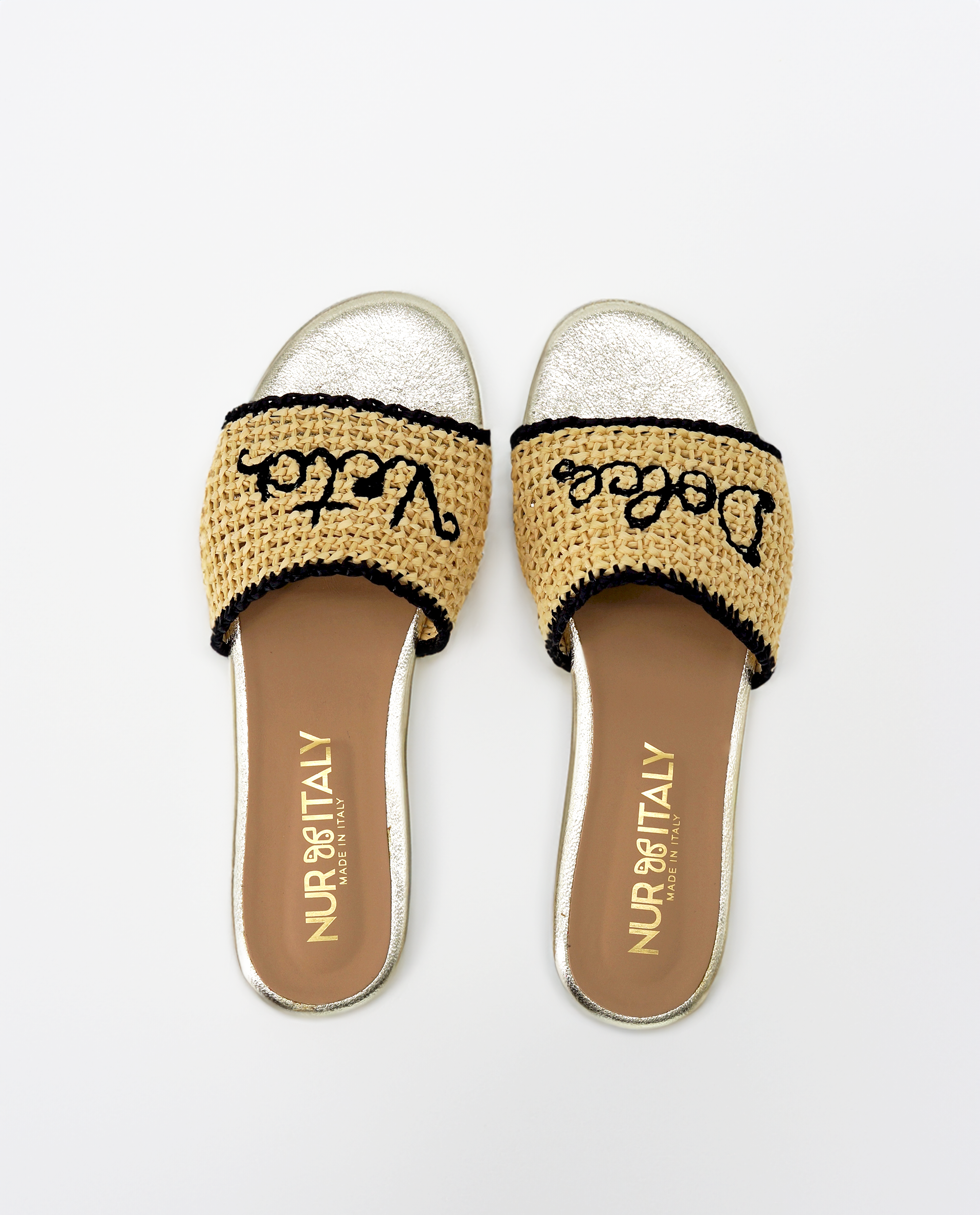 NUR ITALY Martina Raffia Flat Sandal, color, GOLD, BLACK #color_venezia gold