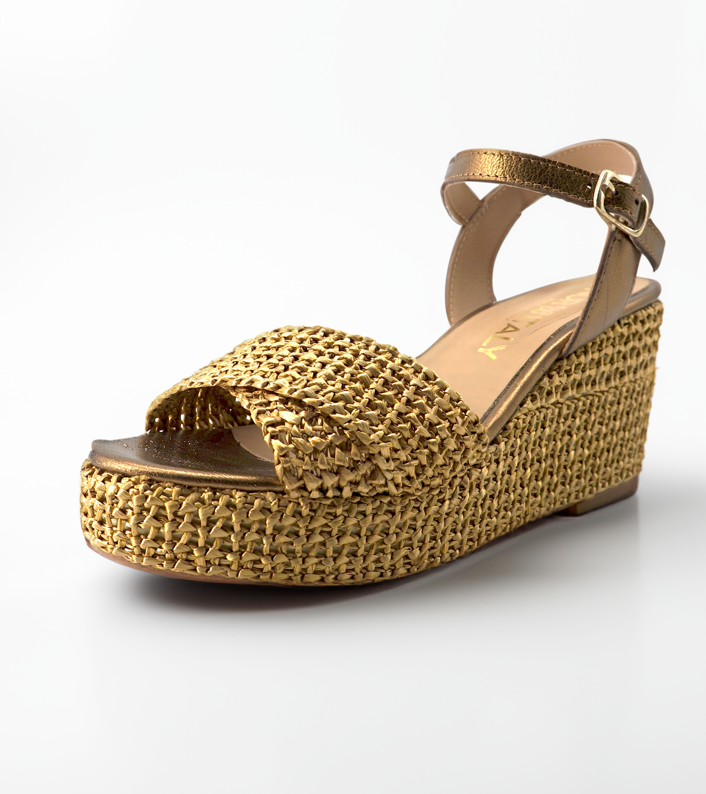 NUR ITALY Francesca Raffia Wedge Sandal, color, bronze