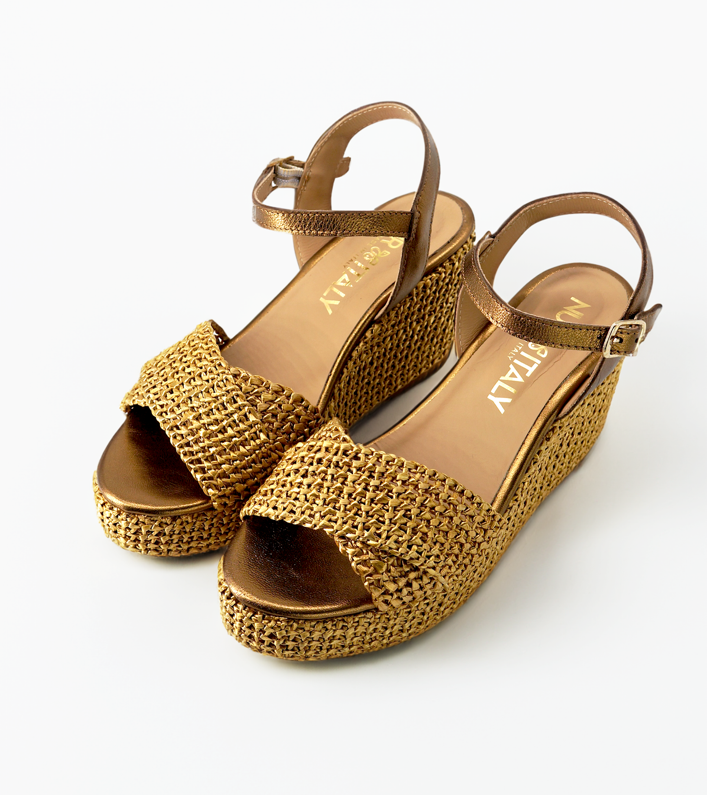 NUR ITALY Francesca Raffia Wedge Sandal, color, bronze