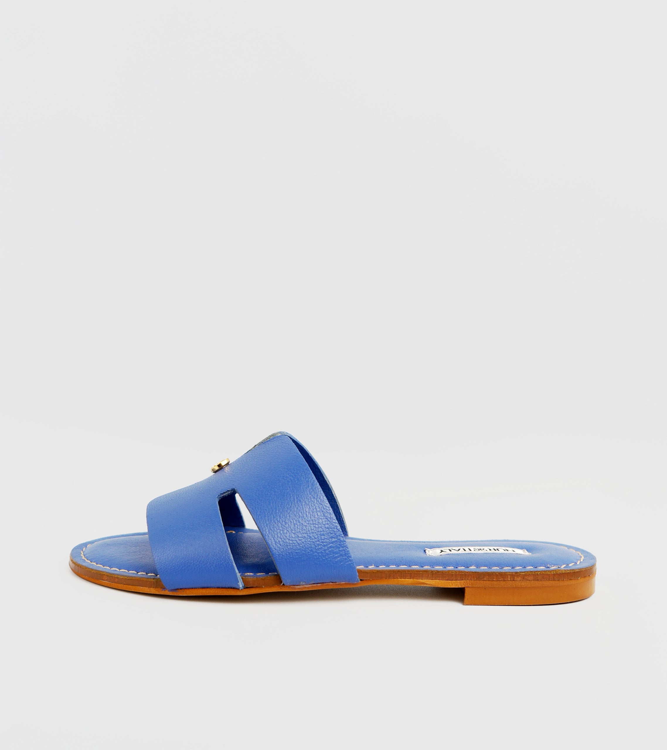 Blue sandal with brown sole on a light gray background #color_capri blue