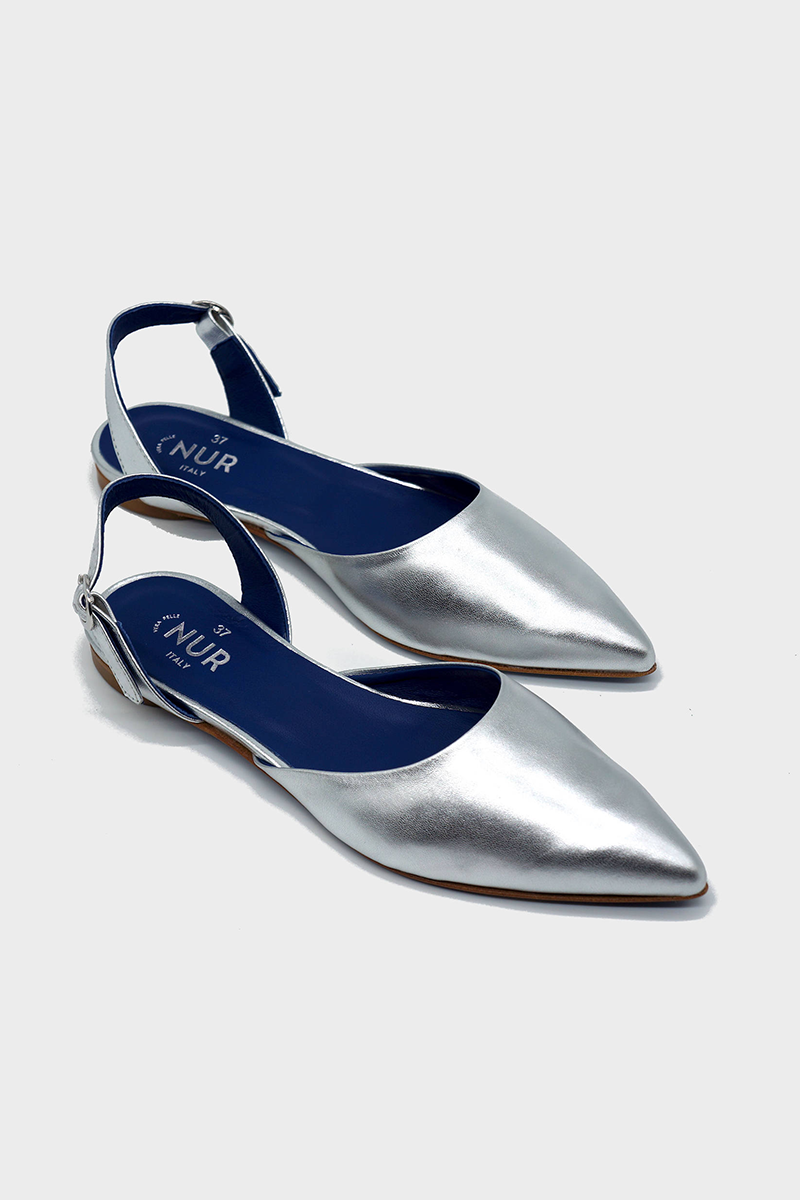 NUR ITALY Sofia Laminato Metallic Slingback Flat, color, SILVER