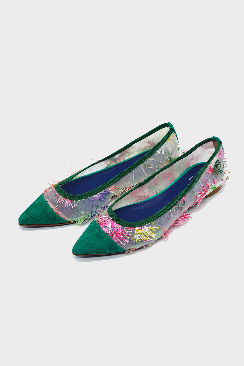 NUR ITALY Margherita Floral Mesh Pointed Toe Flat, floral detail, main color, EMERALD GREEN #color_torino emerald