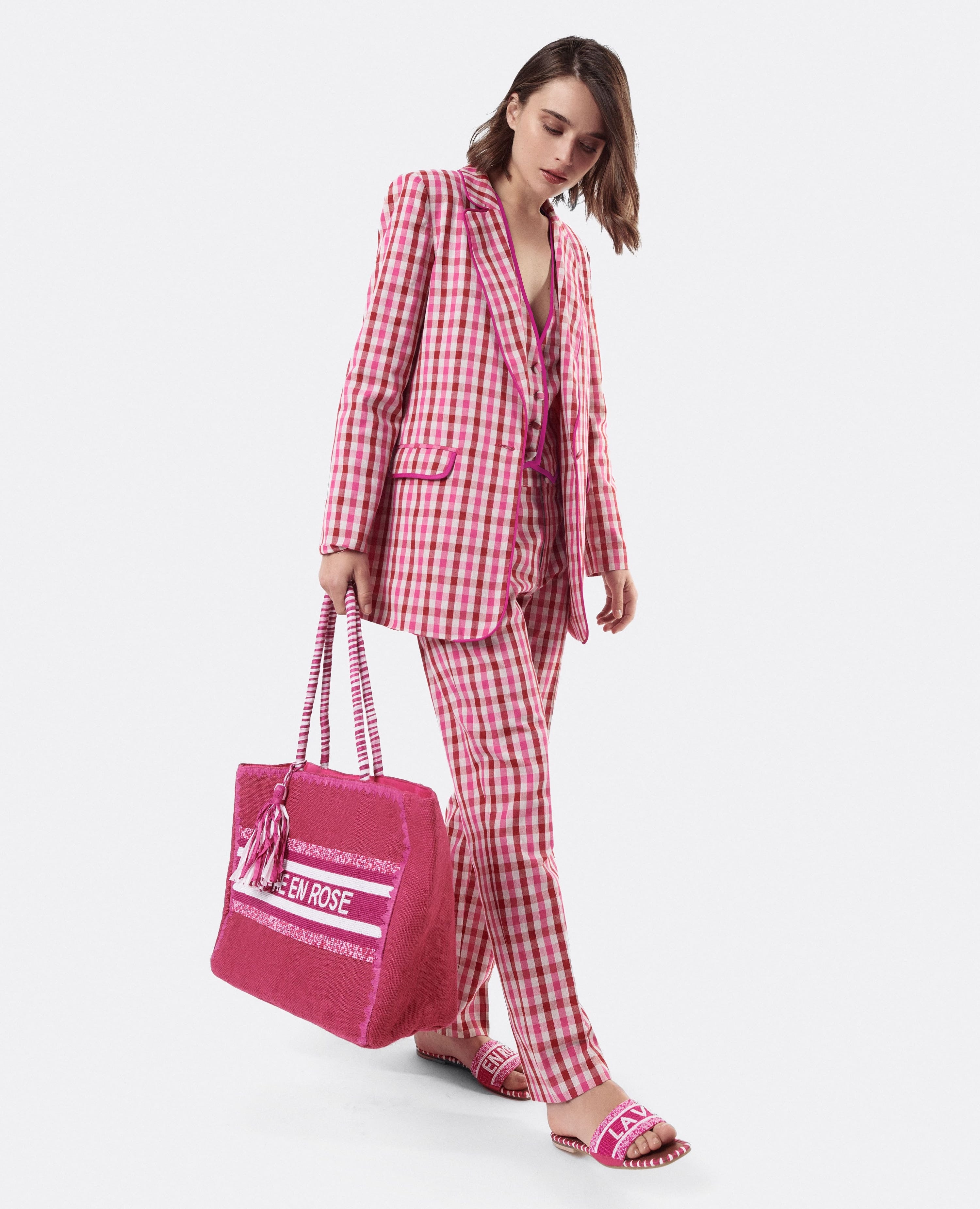 NUR ITALY CUPLE Pink Checked Suit Pants, color, RED, WHITE, PINK