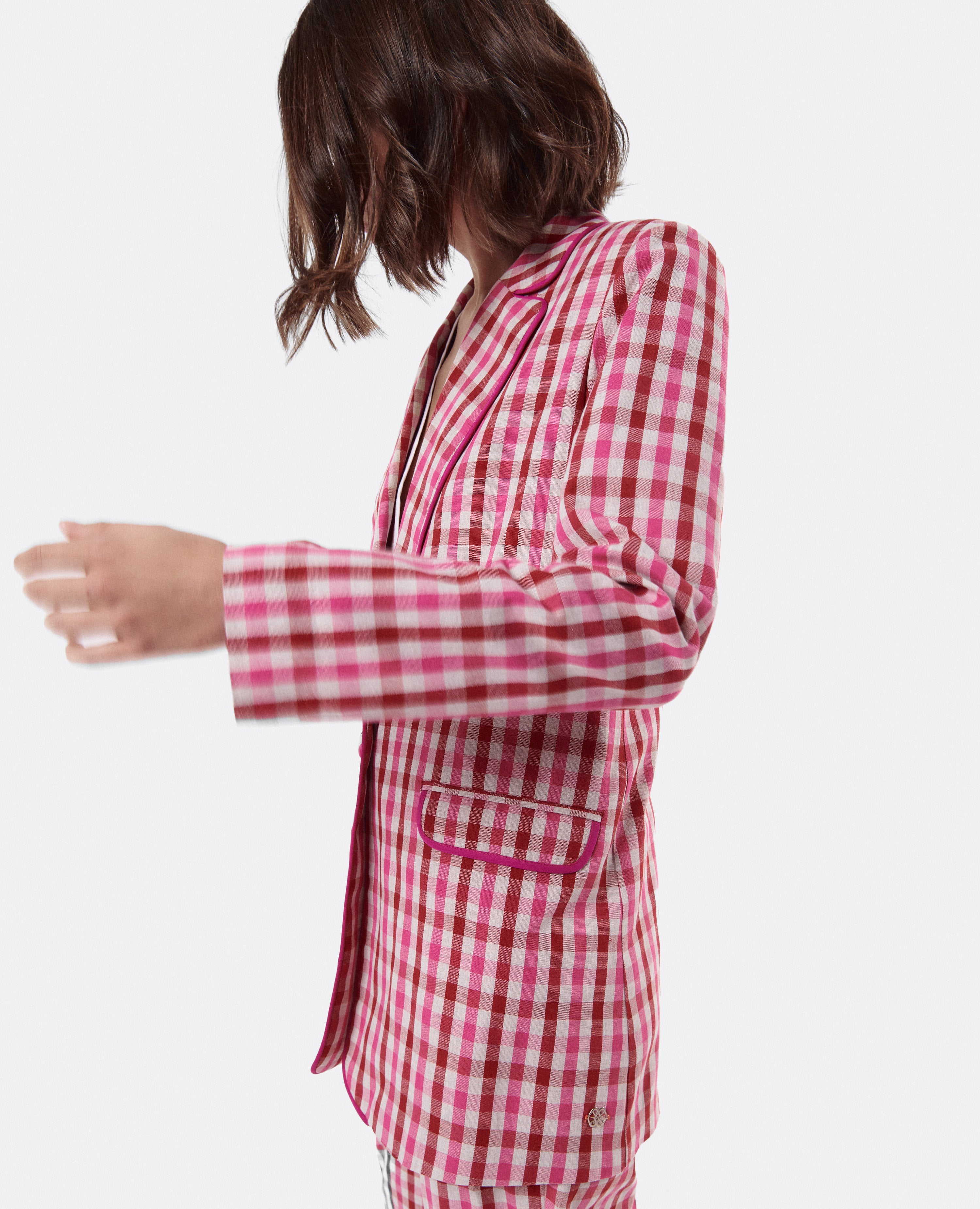 NUR ITALY CUPLE Pink Checked Blazer, color, PINK, WHITE, DEEP RED