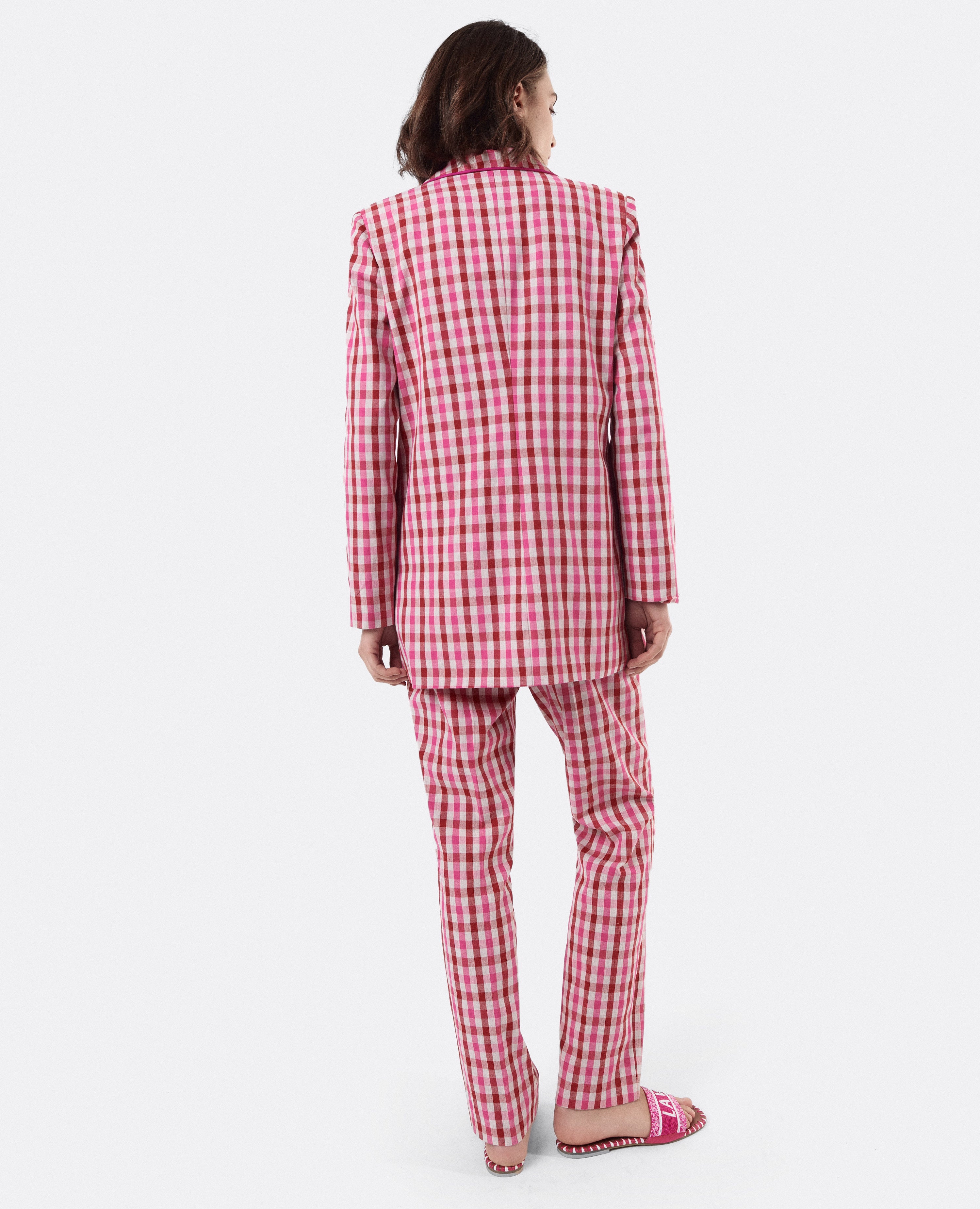 NUR ITALY CUPLE Pink Checked Blazer, color, PINK, WHITE, DEEP RED