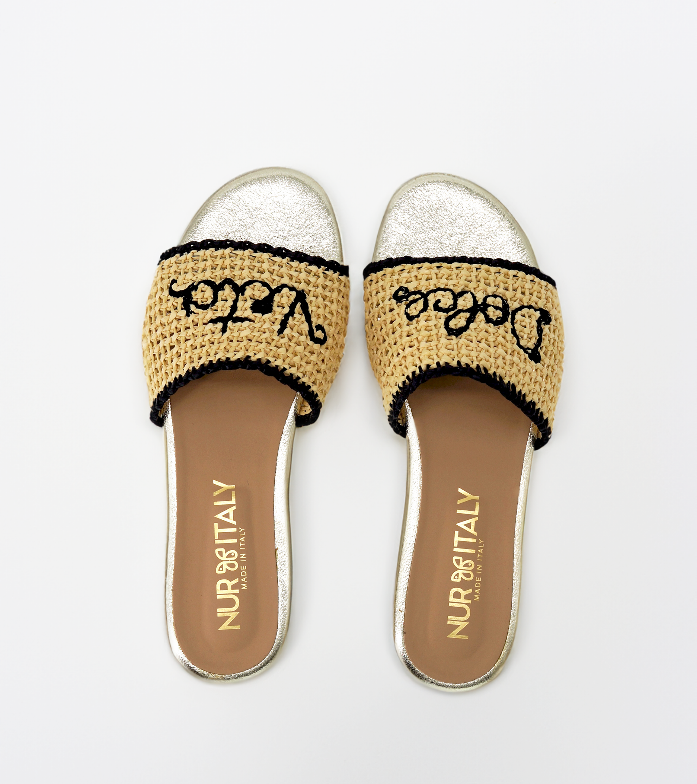 NUR ITALY Martina Raffia Flat Sandal, color, GOLD, BLACK #color_venezia gold