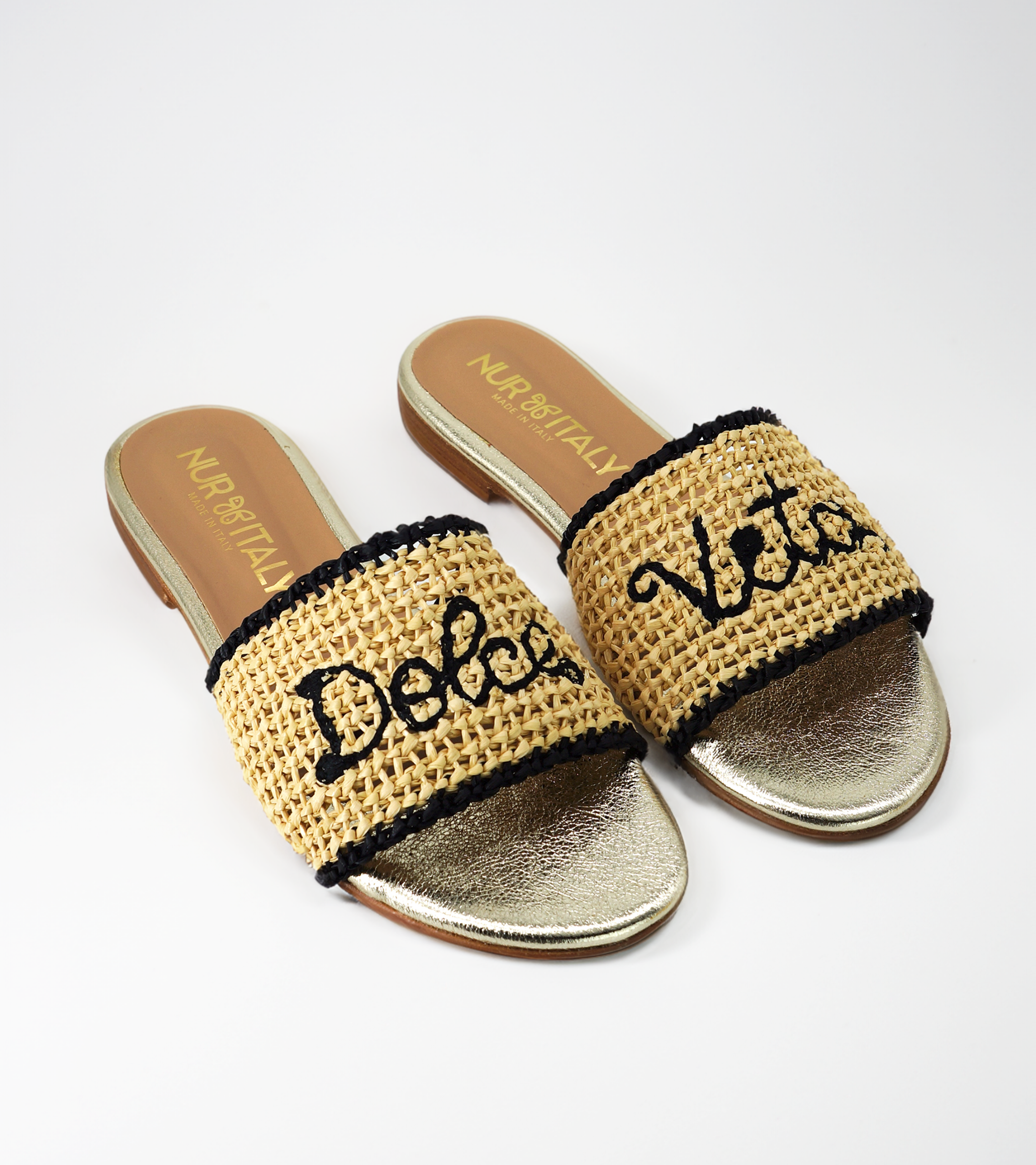 NUR ITALY Martina Raffia Flat Sandal, color, GOLD, BLACK #color_venezia gold