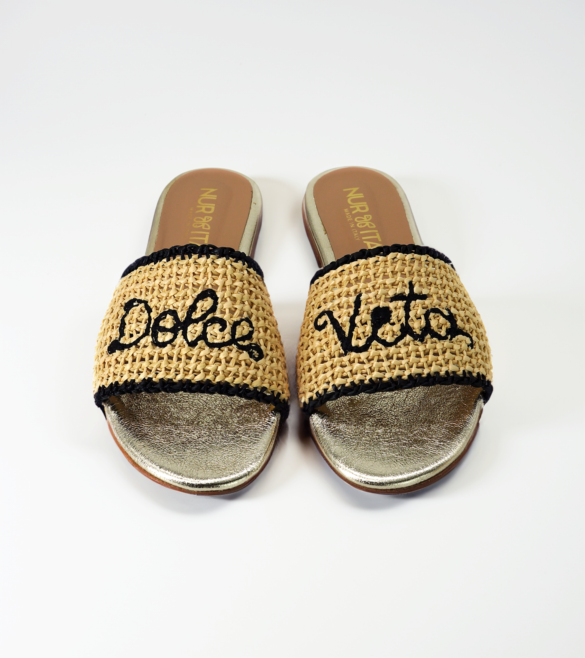 NUR ITALY Martina Raffia Flat Sandal, color, GOLD, BLACK #color_venezia gold