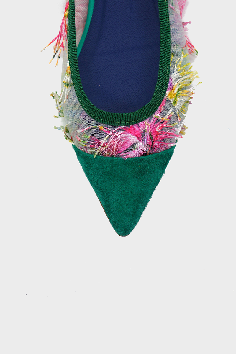 NUR ITALY Margherita Floral Mesh Pointed Toe Flat, floral detail, main color, EMERALD GREEN #color_torino emerald