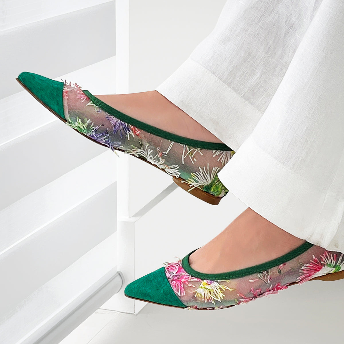 NUR ITALY Margherita Floral Mesh Pointed Toe Flat, floral detail, main color, EMERALD GREEN #color_torino emerald